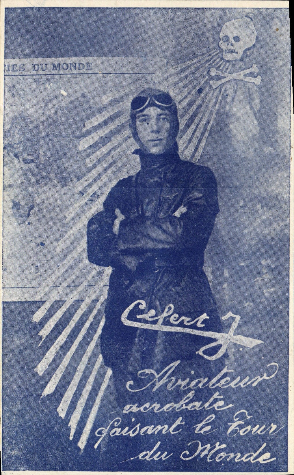 CPA Avion Aviation Aviateur Lefert Tour du monde en 24 mois Avion motocyclette Chemin de fer Mer Crane Squelette Mort 