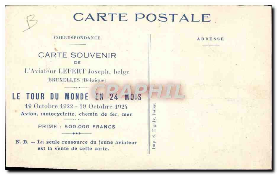 CPA Avion Aviation Aviateur Lefert Tour du monde en 24 mois Avion motocyclette Chemin de fer Mer Crane Squelette Mort  — Rückseite