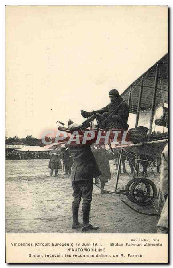 CPA Avion Aviation Vincennes 18 juin 1911 Biplan Farman alimente d'Automobiline Simon recevant recommandations Farman