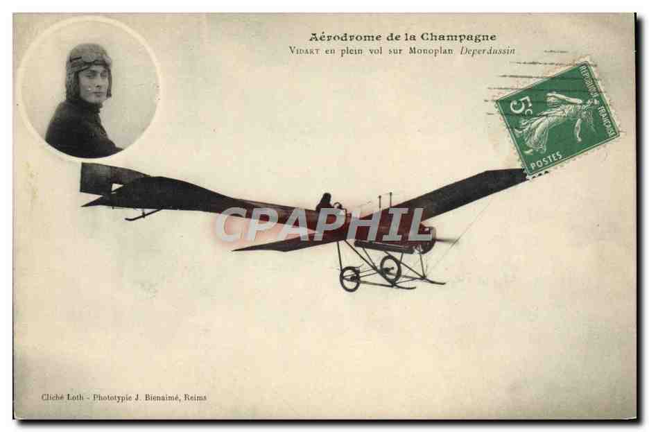 CPA Avion Aviation Aerodrome de Champagne Vidart en plein vol sur monoplan Deperdussin 
