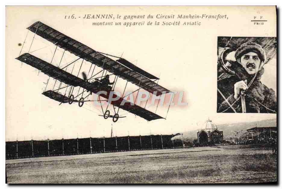 CPA Avion Aviation Jeannin le gagnant du circuit Manhein Francfort montant un appareil de la societe Aviatic 