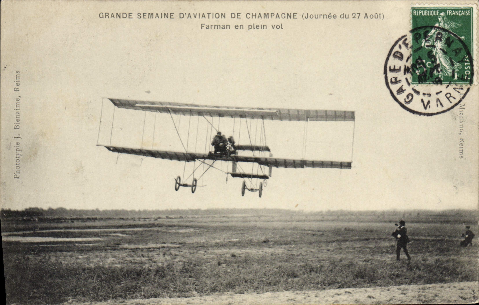 CPA Avion Aviation Reims 2eme Grande semaine d'aviation de Champagne Journee du 27 aout Farman en plein vol 