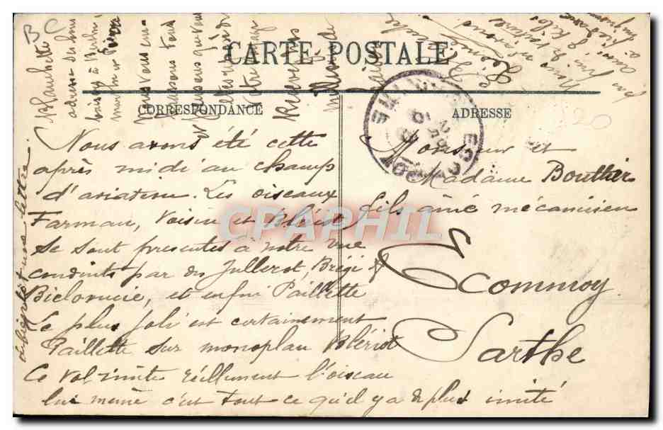 CPA Avion Aviation Bourges Paillette sur monoplan Bleriot  — Rückseite