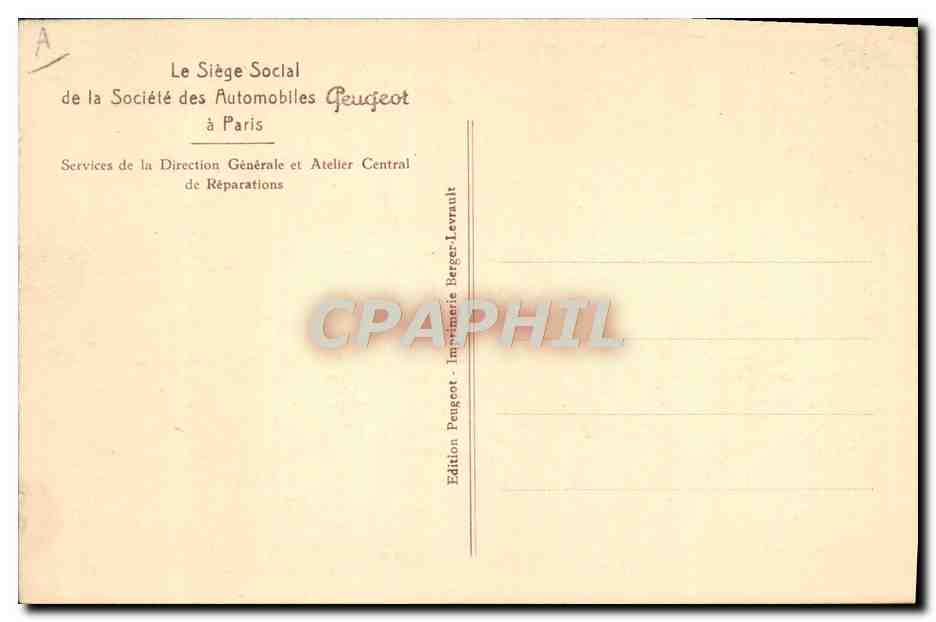 Usine Peugeot — Siège social à Paris — Édition Peugeot-Berger-Levaul — Verso