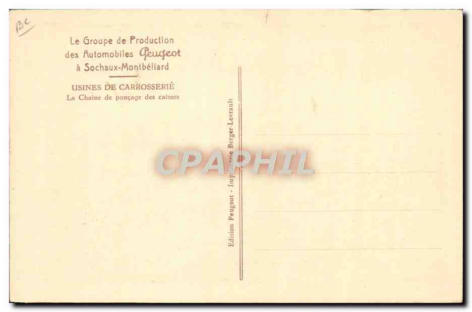 CPA Automobile Groupe de production Peugeot a Sochaux Montbeliard Usines de carrosserie La chaine de poncage des caisses — Verso