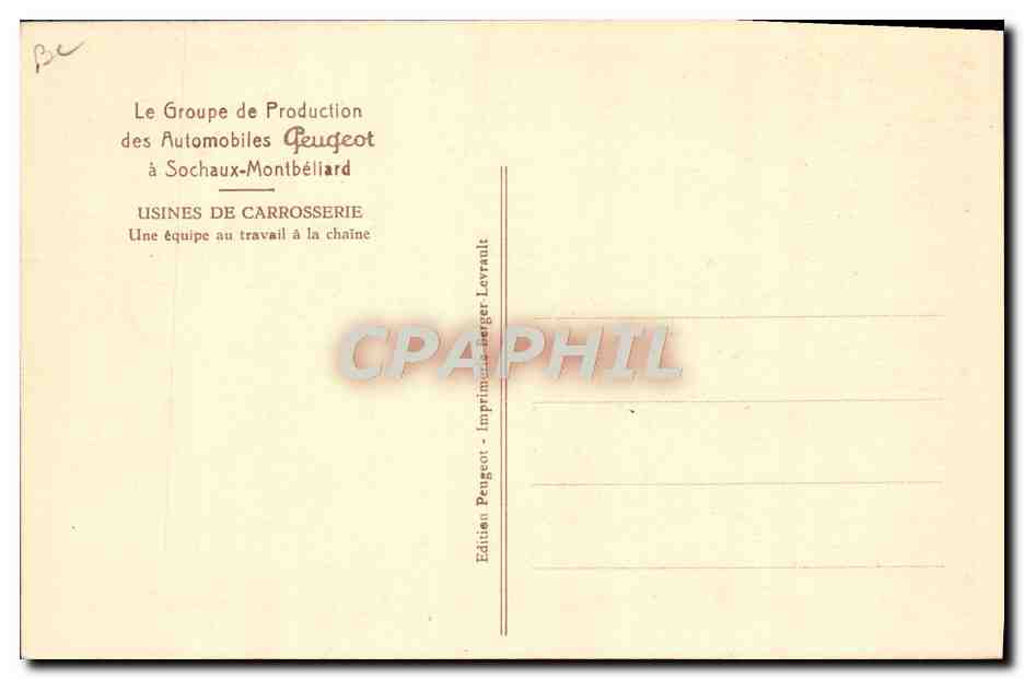 CPA Automobile Groupe de production Peugeot a Sochaux Montbeliard Usines de carrosserie Une equipe au travail la chaine — Verso