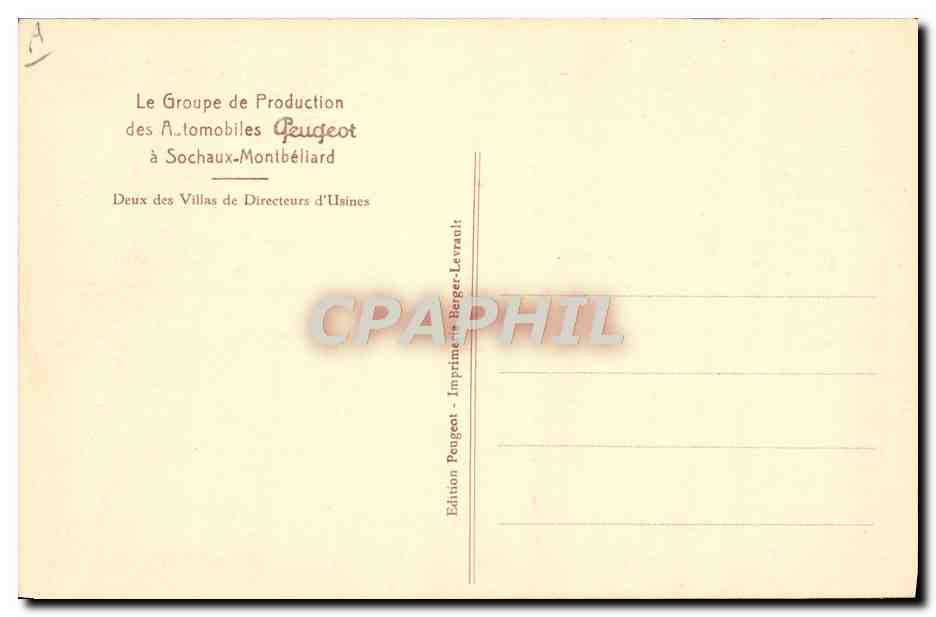 CPA Automobile Groupe de production Peugeot a Sochaux Montbeliard Deux des villas de direction d'usines  — Verso
