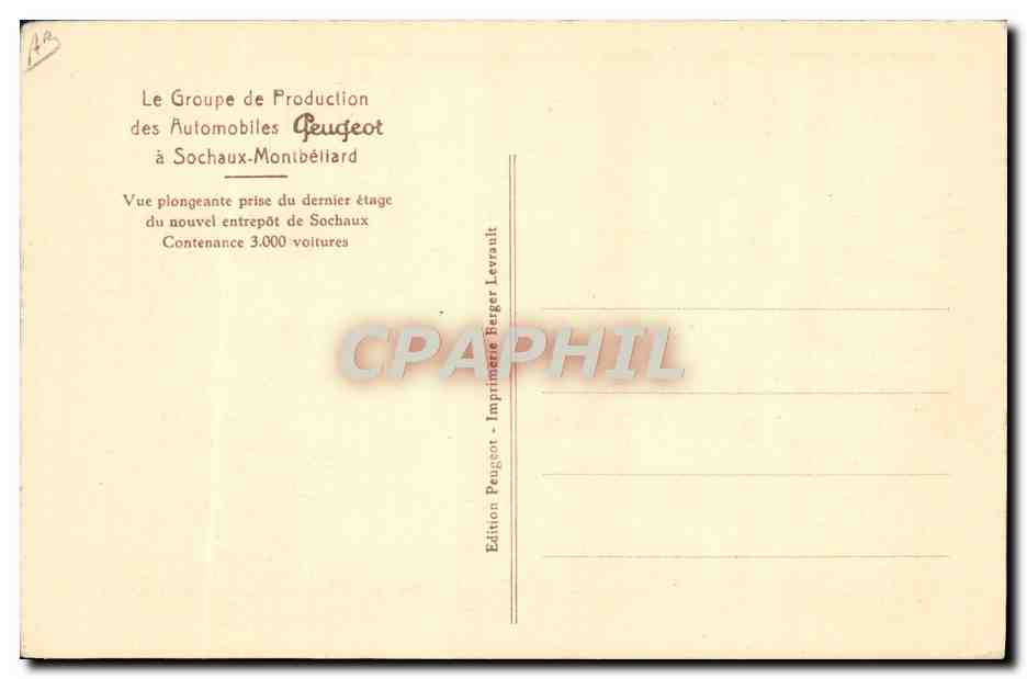 CPA Automobile Groupe de production des automobiles Peugeot a Sochaux Montbeliard Vue plongeante du dernier etage  — Rückseite