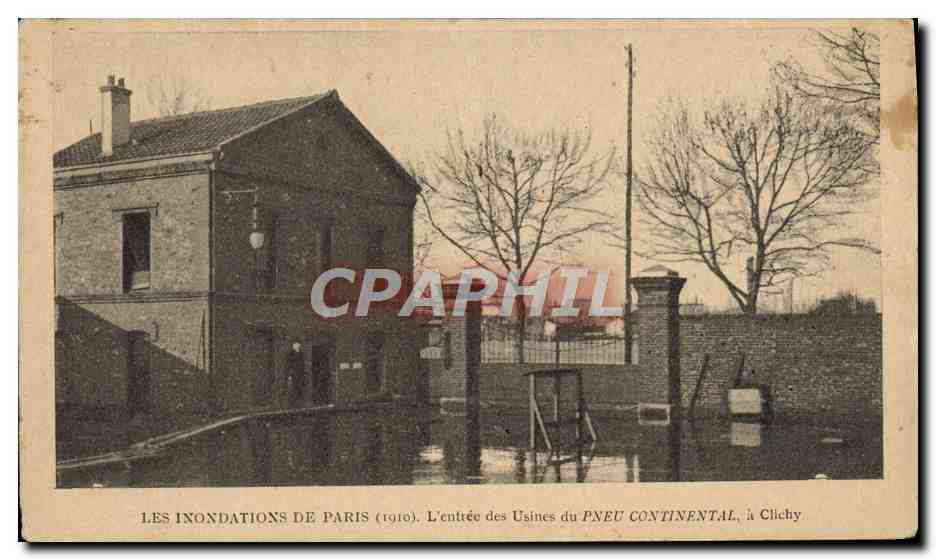 CPA Automobile Inondations de Paris 1910 L'entree des usines du Pneu Continental a Clichy 