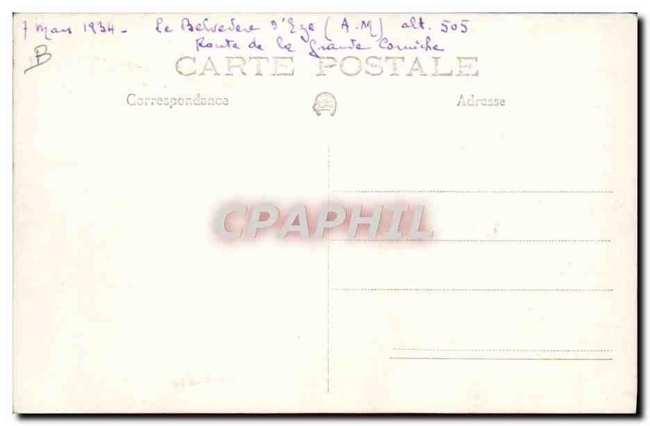 Un couple devant une voiture ancienne — Le Belvedere d'Èze (A.M.) alt. 505 — Carte postale — Verso