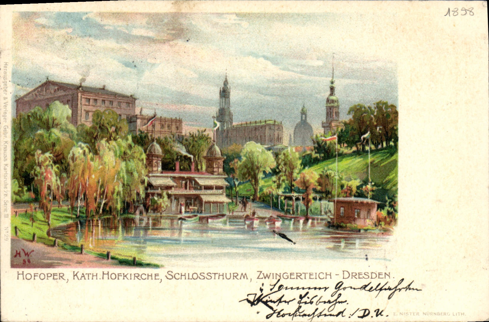 CPA Illustrateur 1898 Hofoper Kath Hofkirche Schlossthurm Zwingerteich Drsden 