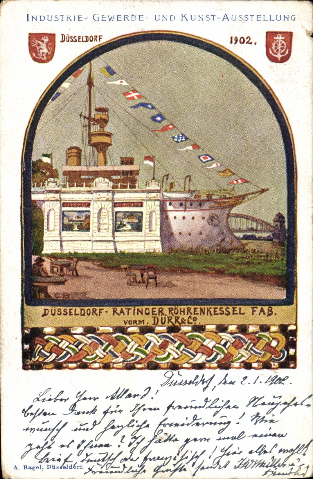 CPA Illustrateur Industrie Gewerbe und Kunst Austellung Dusseldorf Bateau 