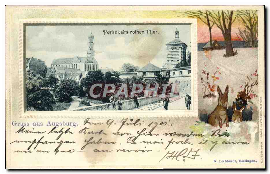 CPA Illustrateur Partie beim Rothen Thor Gruss aus Augsburg Lapin