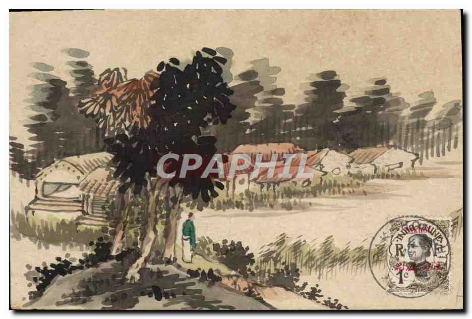 Paysage rural chinois — homme sous un arbre — éditeur inconnu, n° de série non visible