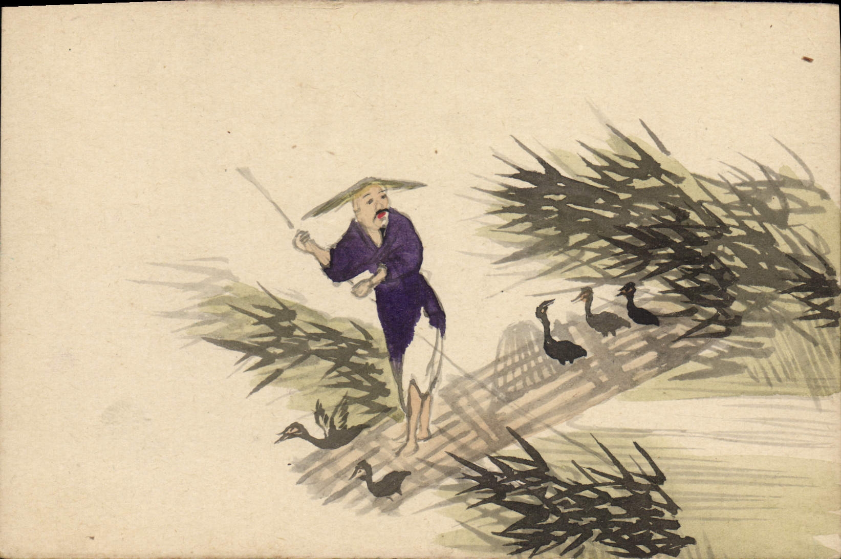 Paysage japonais — homme en costume traditionnel avec des canards — éditeur inconnu