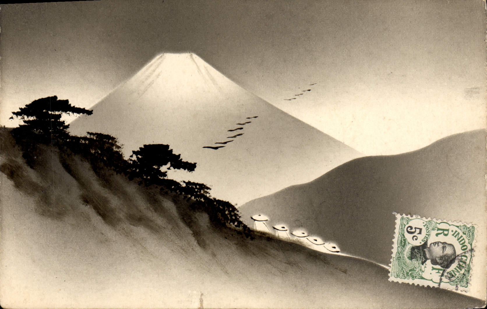 Mount Fuji — schneedeckte Ansicht mit fliegenden Vögeln — unbekannter Verleger, unbekannte Serie