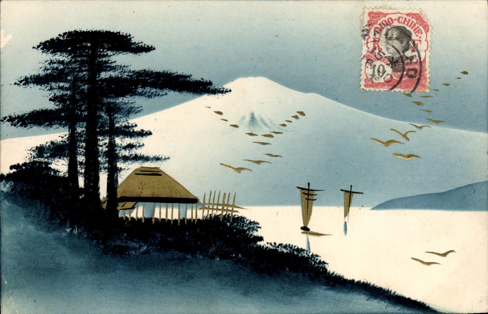 Mount Fuji — japanisches Landschaftsbild mit Hütte und Booten — Verlag P. Chaffanjon & Cie, Serie 123.07
