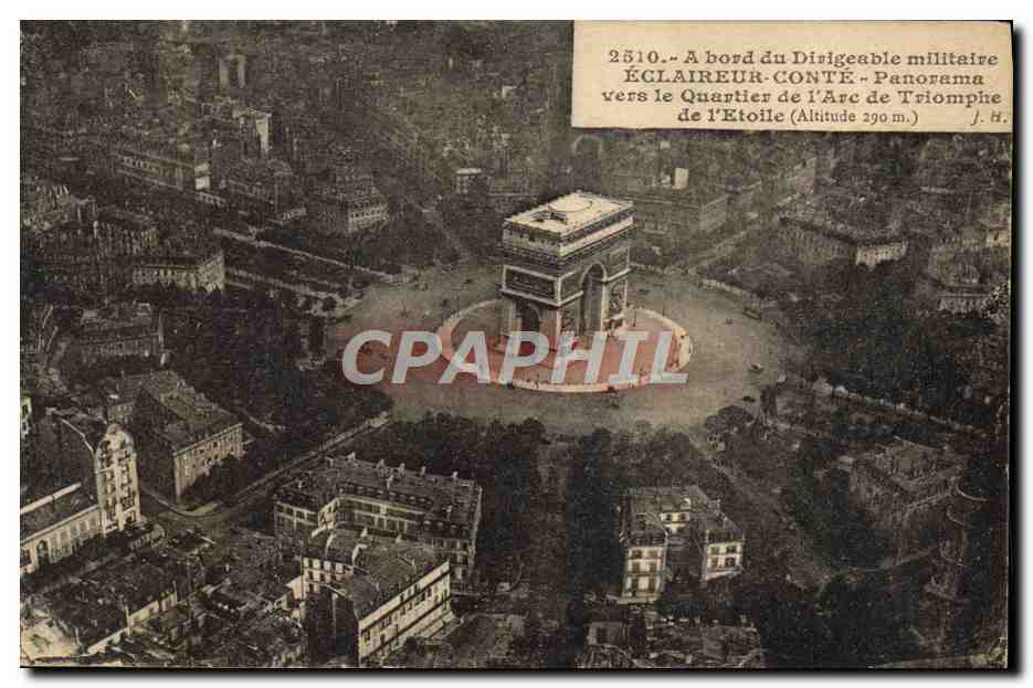 CPA Aviation Zeppelin Dirigeable Eclaireur Conte Panorama vers le quartier de l'Arc de Triomphe de l'Etoile 