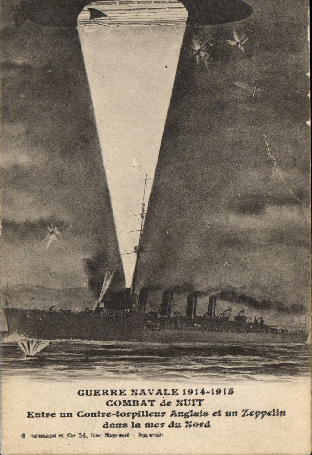CPA Aviation Zeppelin Dirigeable Combat de nuit Entre un contre torpilleur anglais et un zeppelin dans la mer du Nord 
