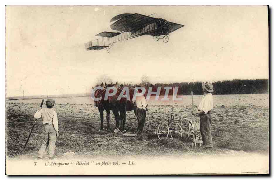 CPA Aviation Aeroplane Bleriot en plein vol Charrue Cheval
