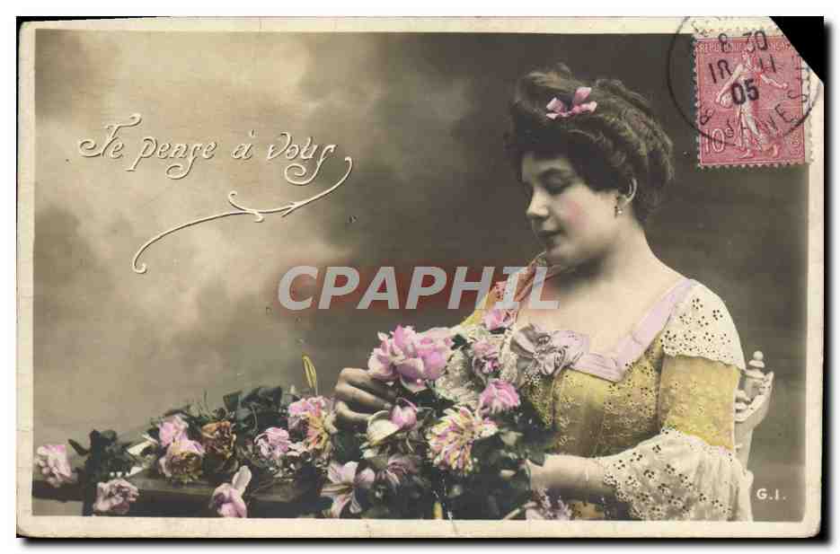 Femme avec bouquet de fleurs — 'Je pense à vous' — G.I. (éditeur)