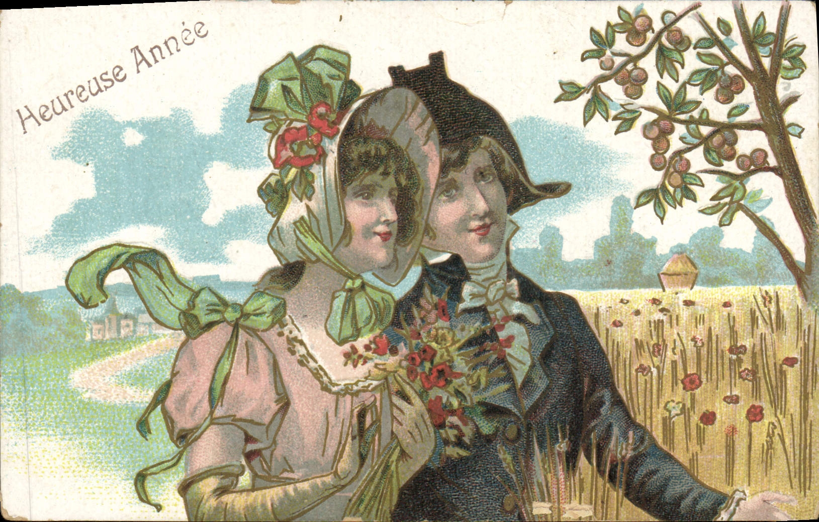 Couple en tenue d'époque — 'Heureuse Année' — J.C. PARIS
