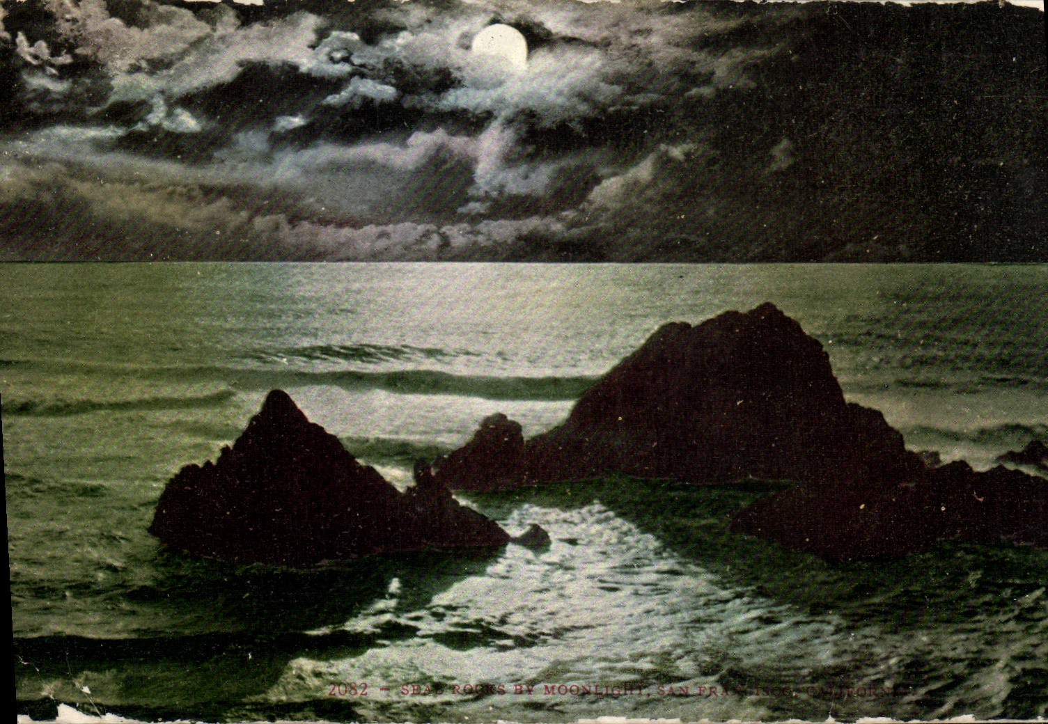 Felsen am Meer unter dem Licht des Mondes — San Francisco, Kalifornien — Verlag Edw. H. Mitchell, Nr. 2082