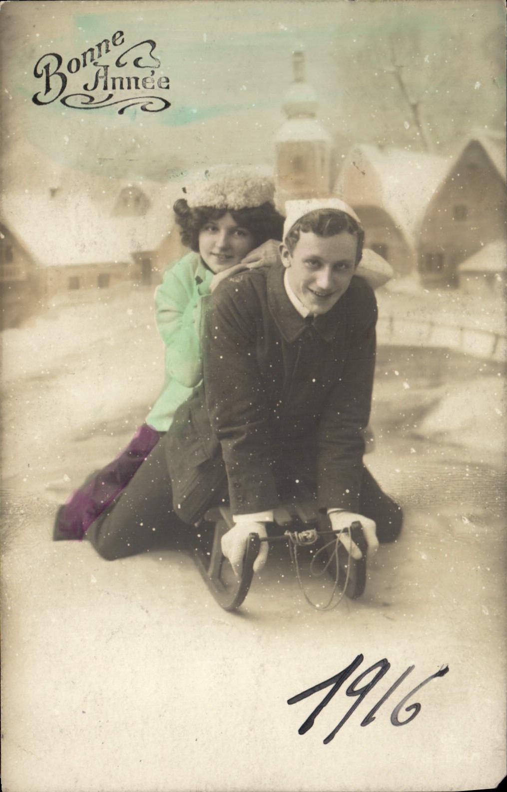 CPA Bonne Annee Femme Luge