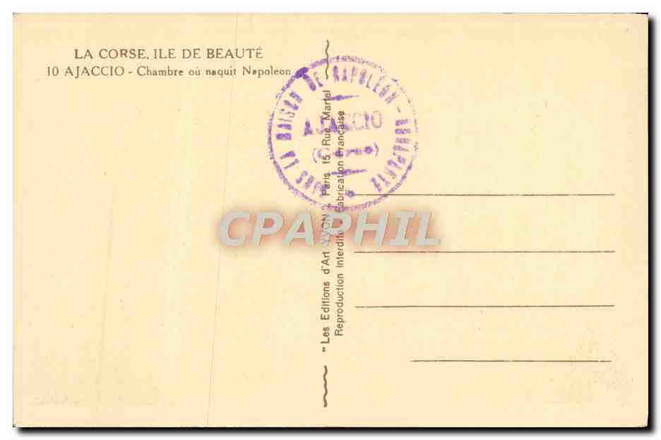 CPA Corse Ajaccio Chambre ou naquit Napoleon 1er — Verso