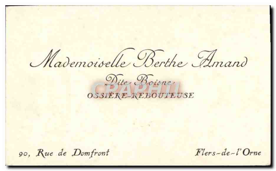 Carte de visite Berthe Amand Ossiere Rebouteuse Rue de Domfront Flers de l'Orne
