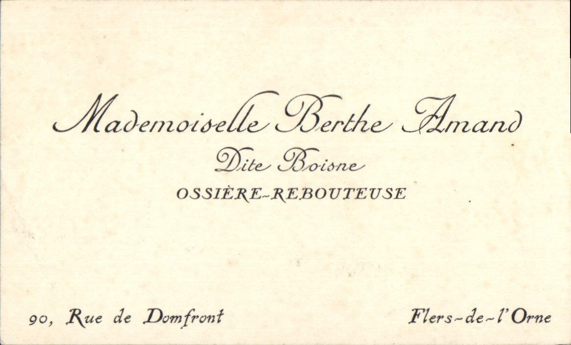 Carte de visite Berthe Amand Ossiere Rebouteuse Rue de Domfront Flers de l'Orne
