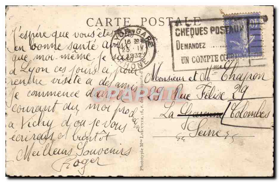 Vintage Postcard Lyon The Guillotiere Bridge The Hotel Dieu and the Fourvière Hill — Back
