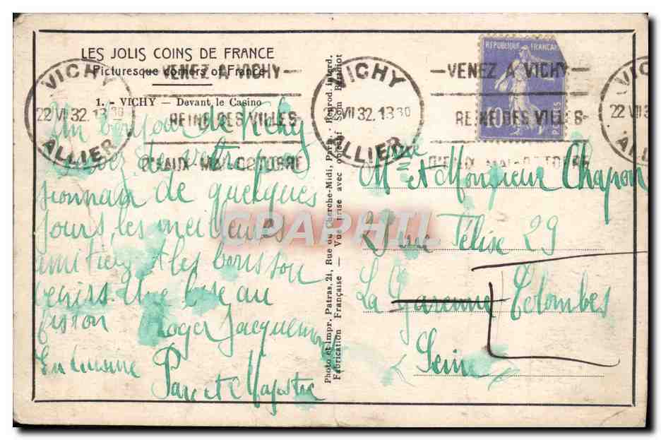 CPA Vichy Devant le casino — Verso