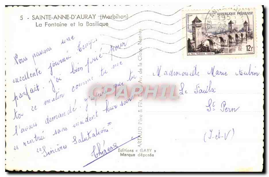CPM Sainte Anne d'Auray La fontaine et la basilique — Verso