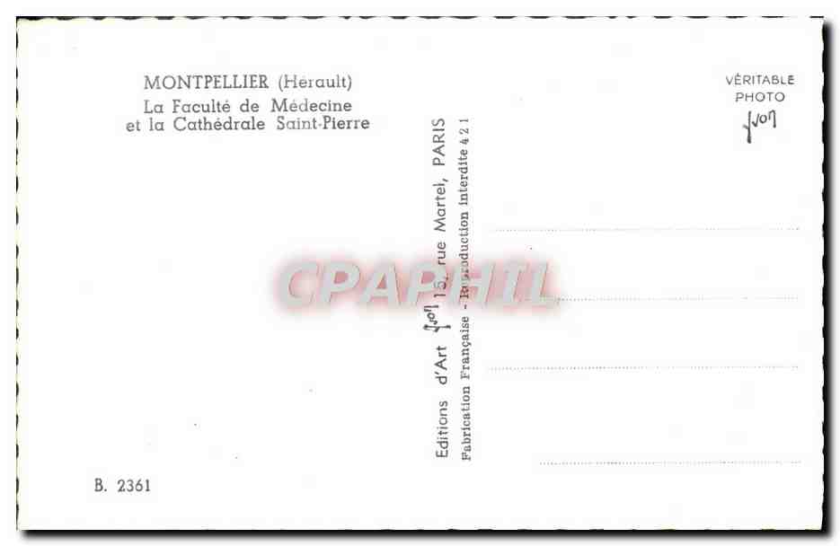 Montpellier (Hérault) — La Faculté de Médecine et la Cathédrale Saint-Pierre — Editions d'Art Marrel, Paris — Rückseite