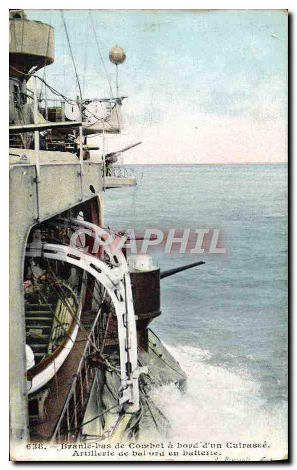 CPA Bateau Branle bas de combat a bord d'un cuirasse Artillerie de babord en batterie 