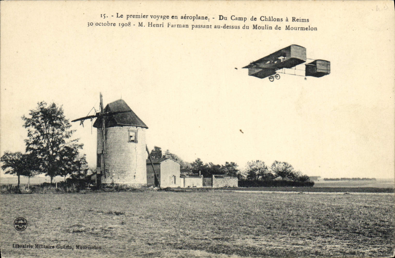 CPA Avion Aviation Premier voyage en aeroplane Du camp de Chalons a Reims Moulin de Mourmelon 