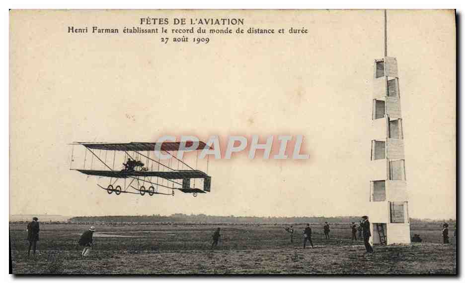 CPA Avion Aviation Fetes de l'aviation Henri Farman etablissant le record du monde