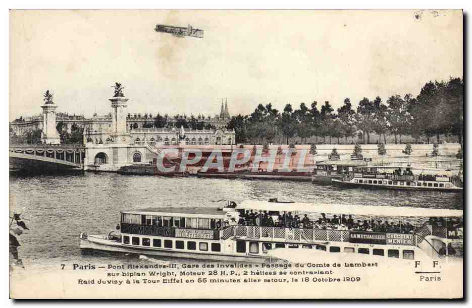 CPA Avion Aviation Paris Pont Alexandre III Gare des Invalides Passage du comte de Lambert sur biplan Wright 