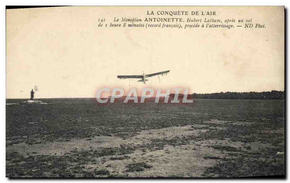 CPA Avion Aviation Monoplan Antoinette Hubert Latham procede a l'atterissage 