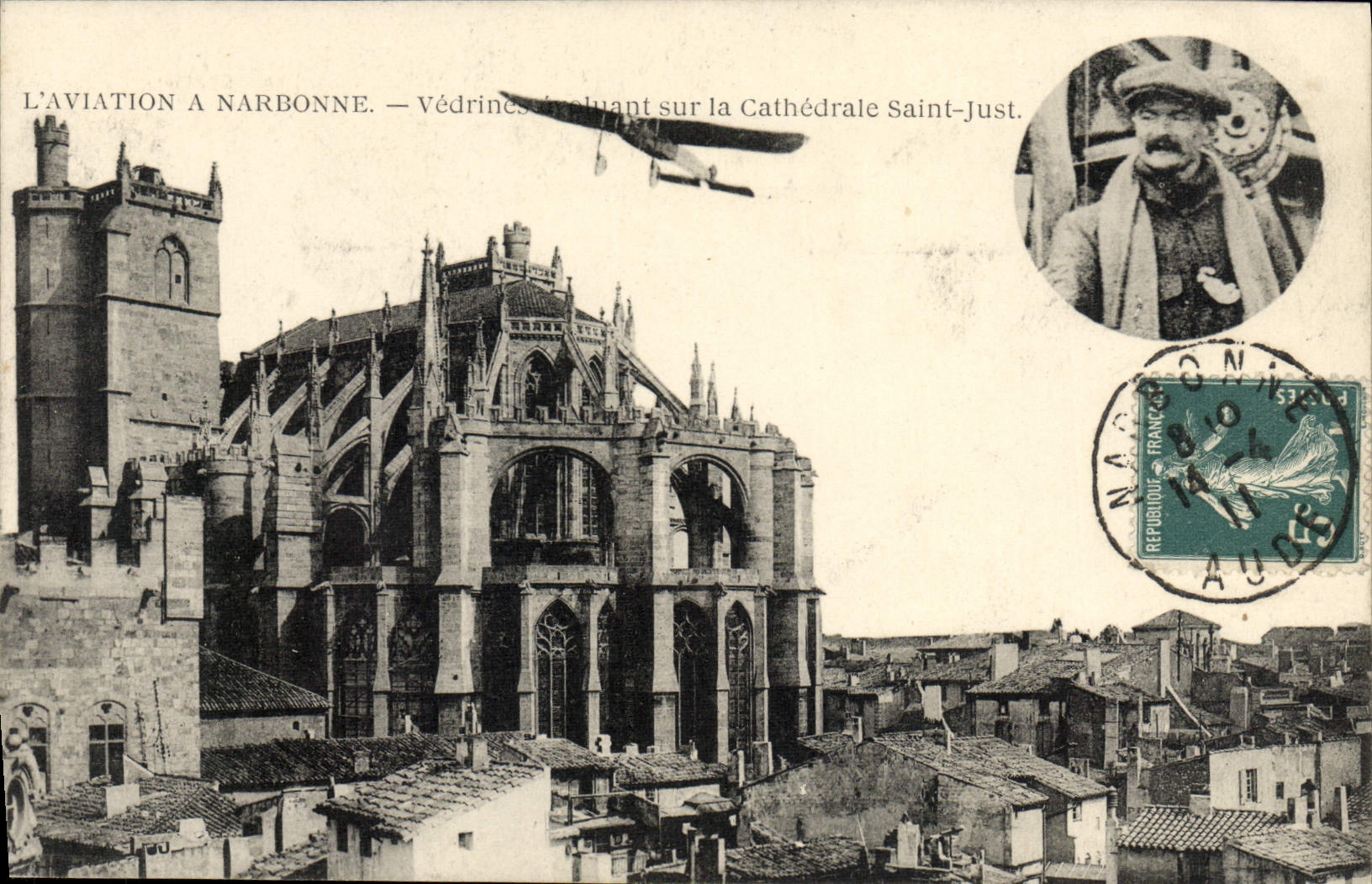 CPA Avion Aviation a Narbonne Vedrines evoluant sur la cathedrale Saint Just 