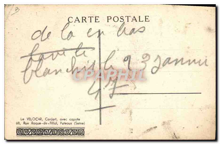 CPA Automobile Le Velocar Rue Roque de Fillol Puteaux Cycle Velo  — Verso