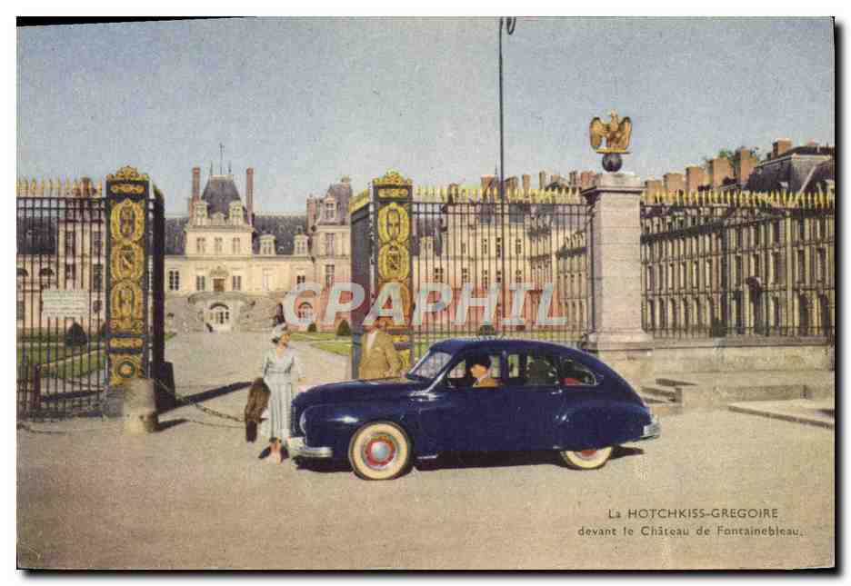 La Hotchkiss-Grégoire devant le Château de Fontainebleau — édition publicitaire