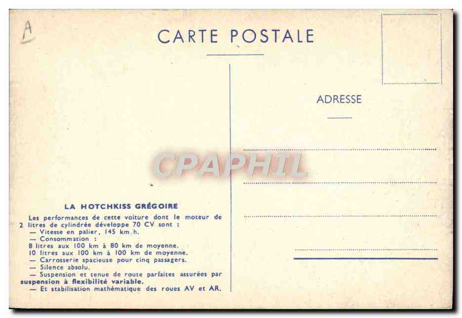 La Hotchkiss-Grégoire devant le Château de Fontainebleau — édition publicitaire — Verso