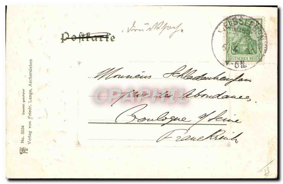 Aschersleben — Eingang zur Johannispromenade — Verlag von Friedr. Lange, Aschersleben, Nr. 5034 — Rückseite