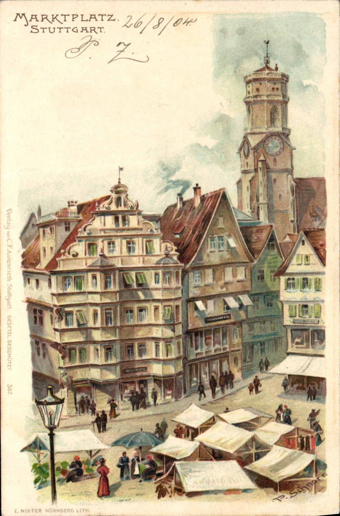 CPA Illustrateur Marktplatz Stuttgart 