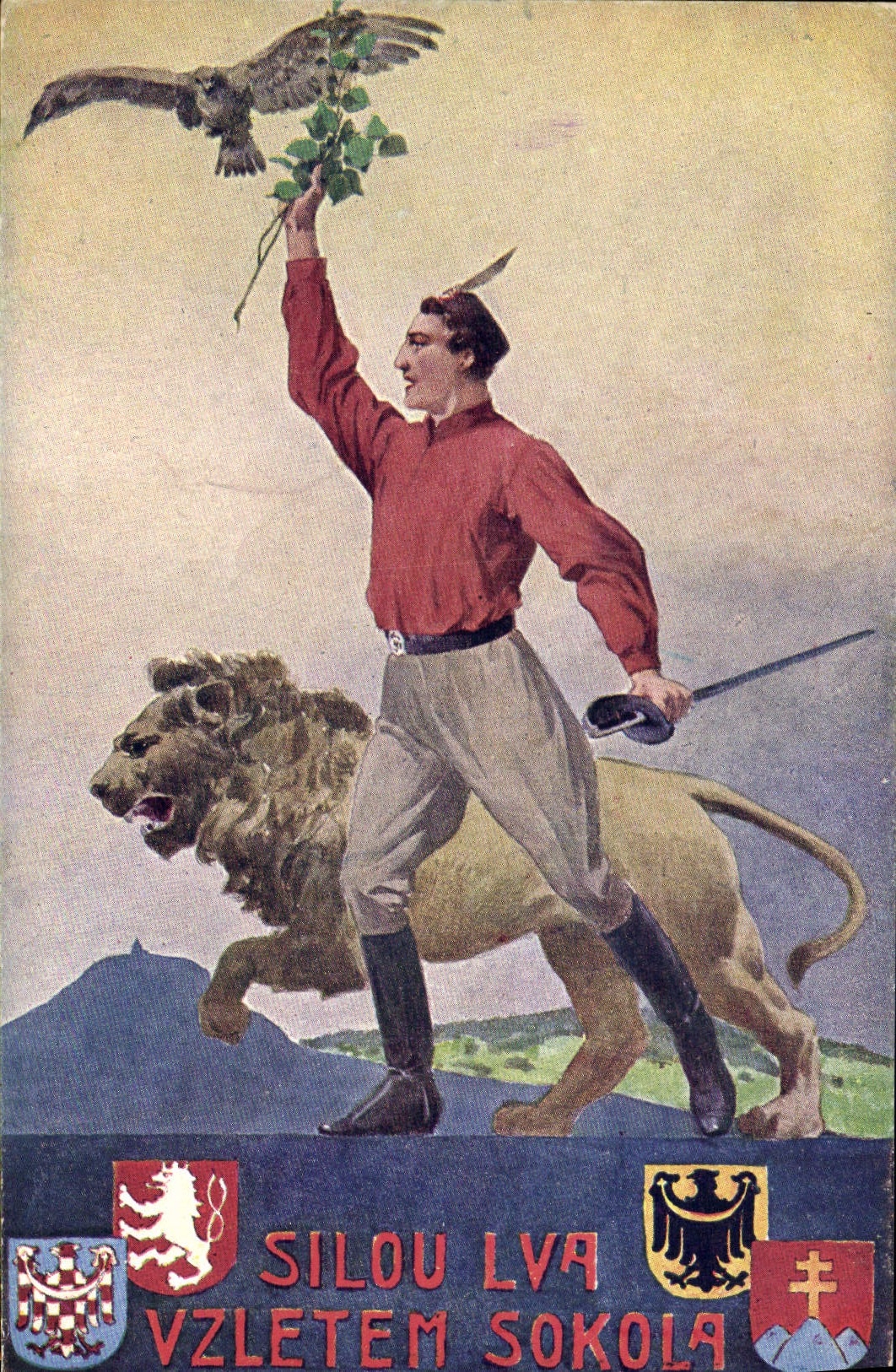 CPA Illustrateur Silou Lva Vzeletem Sokola Lion Aigle 