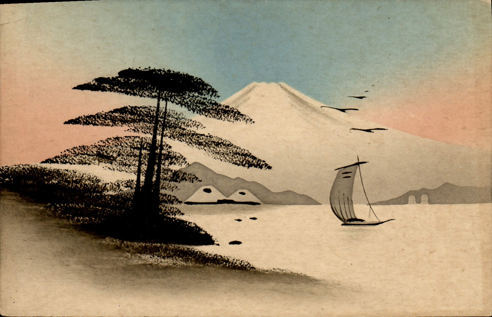 Mount Fuji — Landschaft mit Boot und Kiefer — Verleger unbekannt