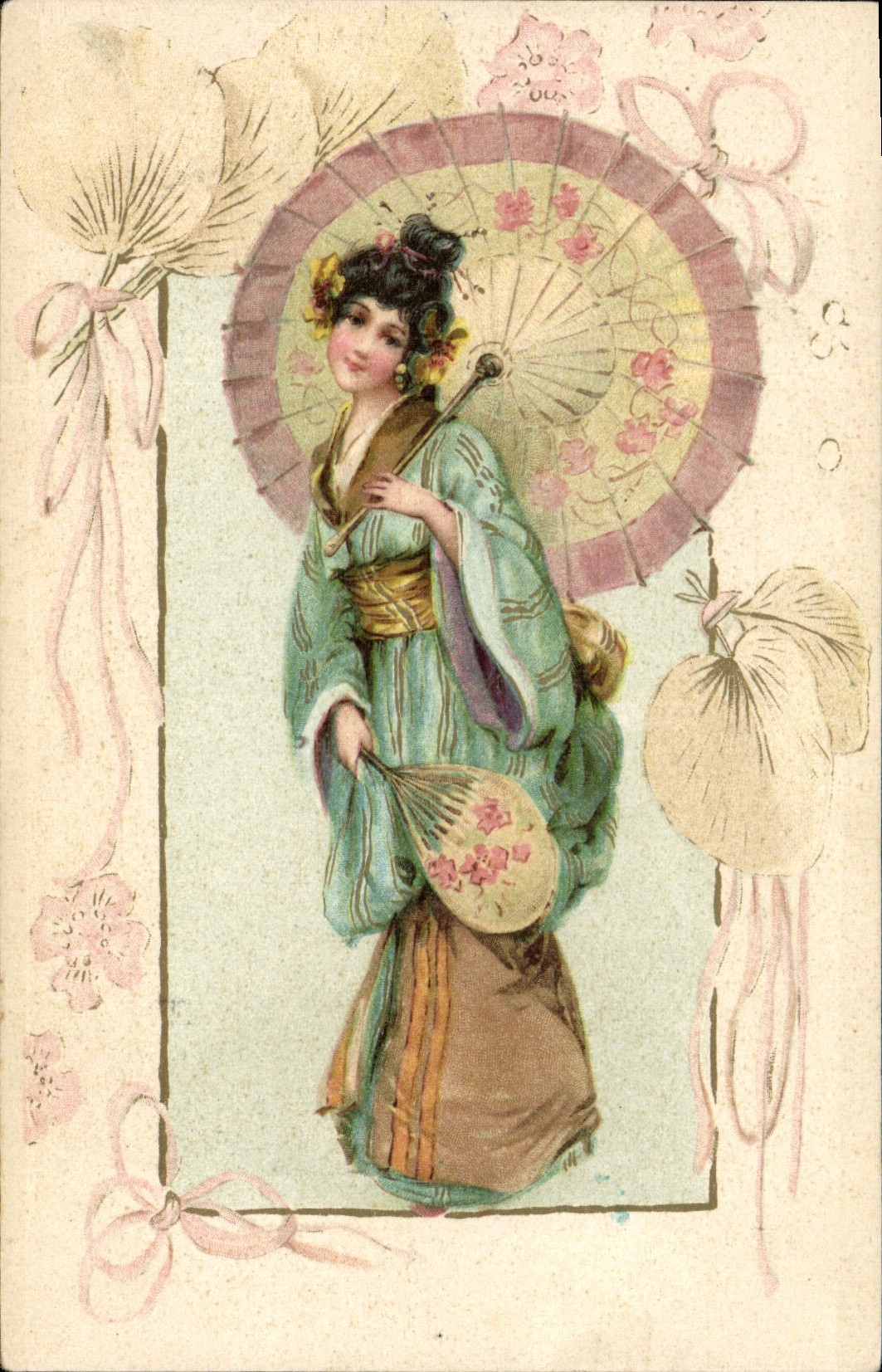 CPA Japon Nippon Femme Folklore Eventail