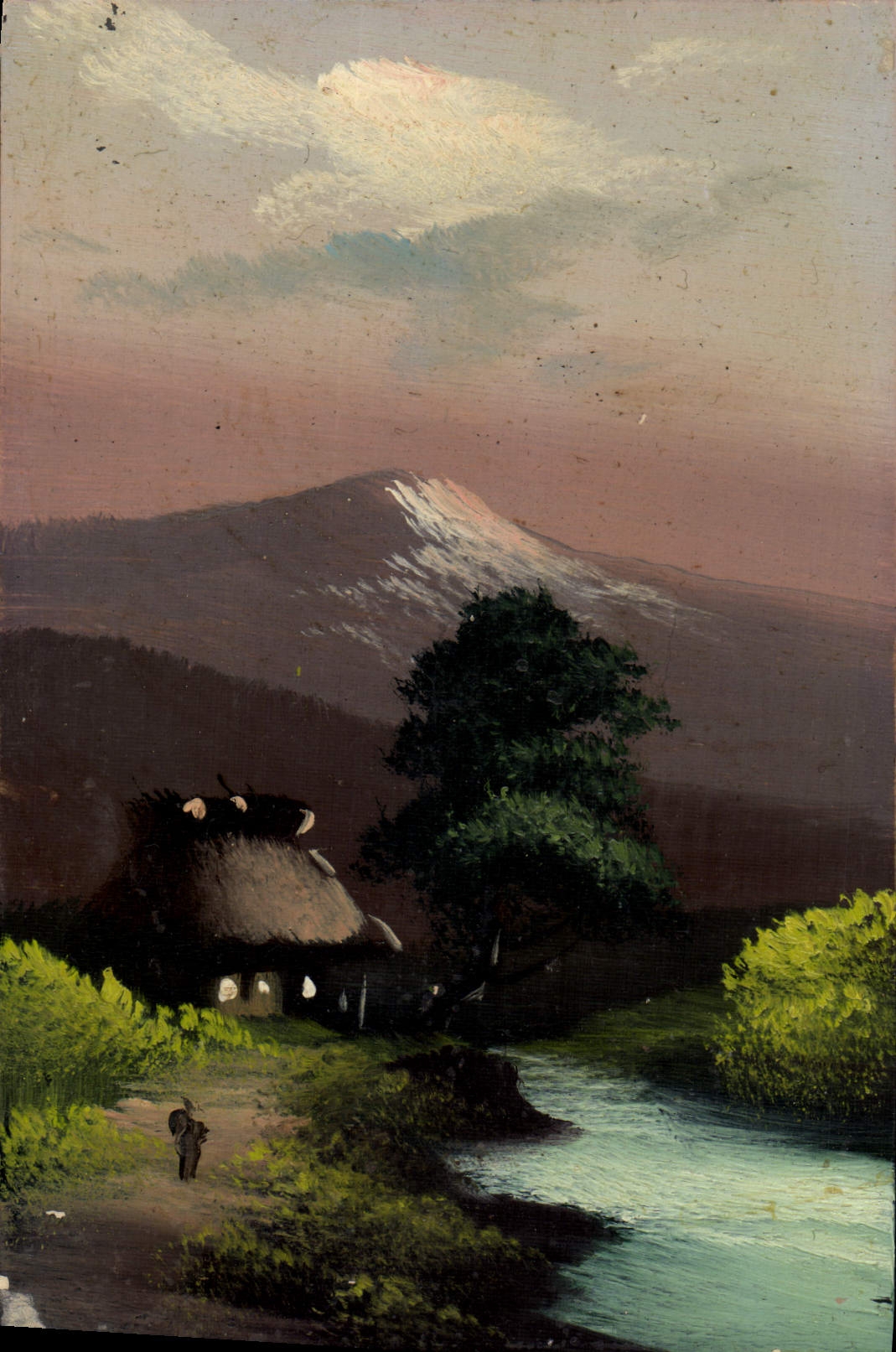 Mount Fuji — Landschaft mit Hütte und Bach — Karteikarte